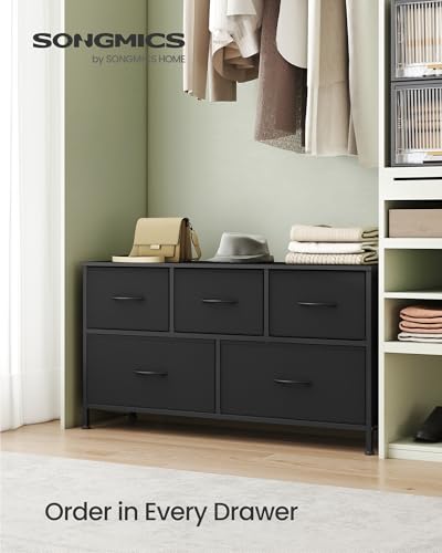 SONGMICS Dresser for Bedroom, Chest of Drawers, Steel, MDF, 5 Non-Woven Fabric Drawers, Storage Organizer Unit, Closet, Entryway, Ink Black and Ebony Black ULGS322B01S - Image 4