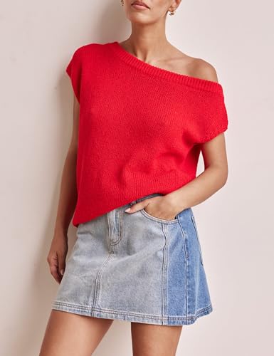 Image of Lviefent Womens Off Shoulder Sweater Y2K Short Sleeve Ribbed Knit Pullover Date Night Top Blouse (Red-S)