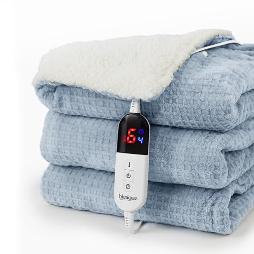 blunique Heated Blanket Electric Throw Waffle, 50x60 Inches Sherpa Fleece Fast Heating Blanket 6 Heating Levels & 4 Hours Auto Off ETL Certification,Haze Blue Throw