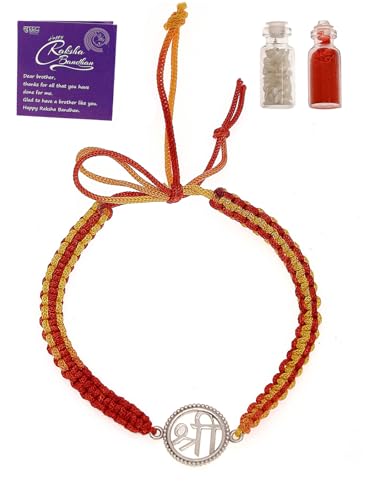 Image of Sukkhi Rakhi 925 Sterling Silver Radha-Krishna Idol Rakhi Bracelet for Men with Roli Chawal & Free Greeting Card with Certificate of Authenticity | 925 Silver Rakhi for Brother