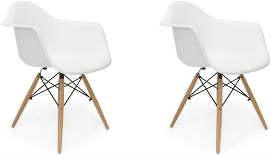 Pemberly Row Modern Molded Plastic Arm Dining Chair Set, Matte White Finish, Eiffel-Style Cross Wire Frame, Beechwood Legs, 24" W x 24" D x 30.5" H, Comfortable Dining Room Seating, Set of 2