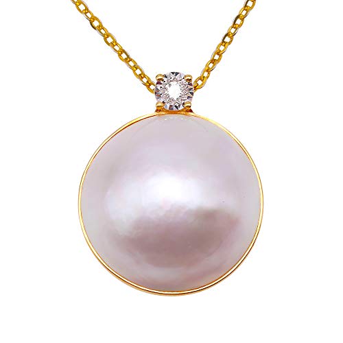Collar Colgante de Perlas Mabe de Oro de 18k para Mujeres Hermosas 15.5 mm de Perlas Blancas de 15.5 mm con Diamante