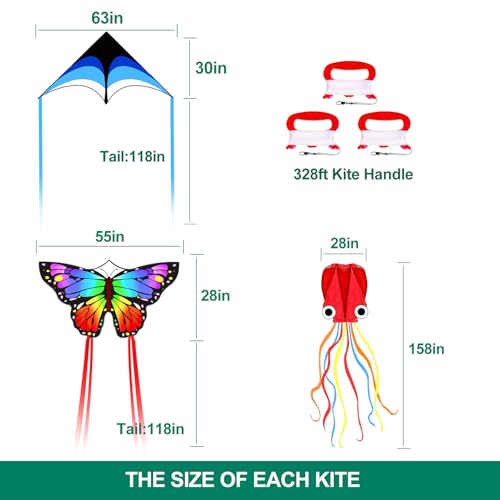 Mint\'s Colorful Life 3 Pack Kites for Kids and Adults, Easy to Fly Butterfly Delta Octopus Kite Set for Beginners, Large Beach Kites for Family Outdoor Games & Activities (Blue+Rainbow+Red)
