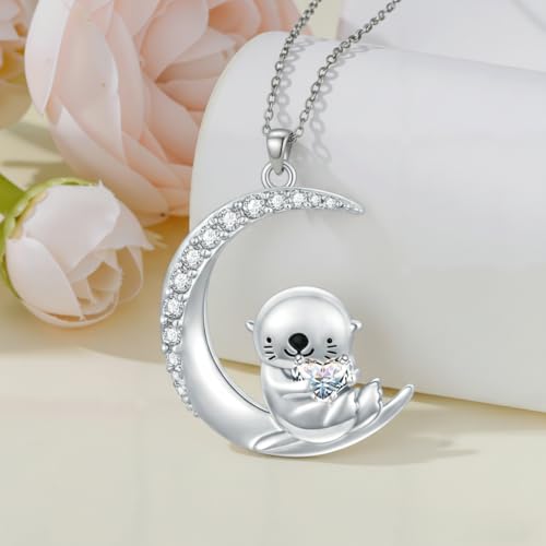 Image of PROESS Animal Birthstone Necklace 925 Sterling Silver Otter /Axolotl /Hippo /Elephant /Dachshund /Monkey /Red Panda Pendant Necklace Animal Birthstone Jewelry Gifts for Women