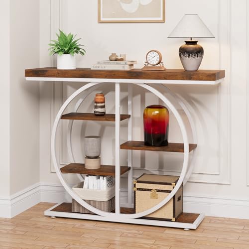 JUSTOGO Tavolo consolle design industriale, 105 cm, tavolino sottile con 5 ripiani, in legno, corridoio in metallo, tavolo d'ingresso, credenza per corridoio, soggiorno, bianco