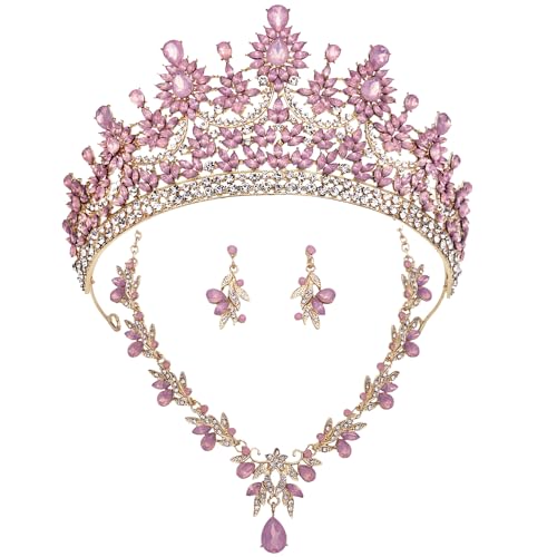 kanivele Crowns and Tiaras Jewelry Set for Women.Wedding Crown and Necklace Earrings Princess Queen Birthday Party Pageant Bridal Jewelry Sets Costume Accessories (Opal Pink)