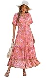 R.Vivimos Womens Summer Cotton Short Sleeve V Neck Floral Print Casual Bohemian Midi Dresses (Medium, CoralPink)