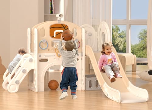 XJD 8 in 1 Toddler Slide Set Kids Slide for Toddlers Age 1+ Climber Slide PlaySet with Basketball Hoop and Ball Outdoor Indoor Playground for Toddlers 1-3 (Beige Coffee 8 in 1)