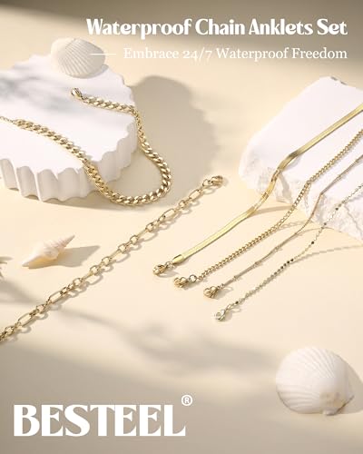 Image of Besteel Ankle Bracelets for Women Waterproof - 14K Gold Plated Non Tarnish Layered Cuban Link Chain Rope Figaro Herringbone Anklets Set Plus Size Anklet Summer Foot Jewelry Gift Adjustable 8-12 Inch
