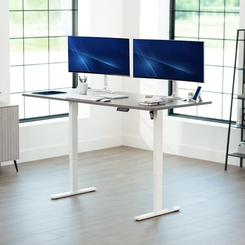 Image of VIVO Dark Gray 71 x 36 in Standing Desk, DESK-KIT-1W7G-36 | Electric, Holds 220 lbs, Sit Stand, Height Adjustable, Extra Deep Table Top, Memory Presets, 1B Series, White Frame