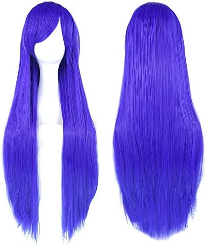 IMISSU 80cm Long Straight Natural Hair Cosplay Wigs with Bangs Colorful Halloween Costume Party Wig for Girl (Blue)