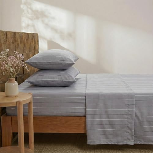Image of Merryword Gray Pinstripe Sheet Set Queen Size - 100% Cotton Striped Bedding 4 Pieces, Soft Breathable Percale Weave, 17.5 inch Deep Pocket, Luxury Linen Like, All Season Comfort