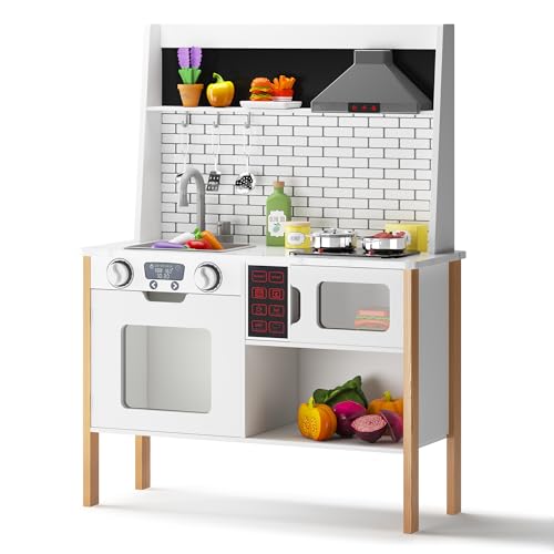 soges Kids Kitchen Playset, Play Kitchen with Realistic Lights & Sounds, Pretend Play Kitchen Wooden Toy Set with Storage Space, Realistic Design Utensils Oven Microwave Sink, Idea Gift for Kids