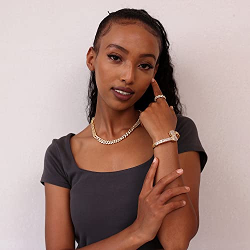 Lulu Mel Iced Out Baguette Diamond Bracelet Jewelry For Women, Hip Hop Mens 14K Gold Silver Plated Cubic Zirconia Bangle Bracelet, Girls Heart Cuff Bracelet With Jewelry Box (Gold, 8Inch) #TOP2