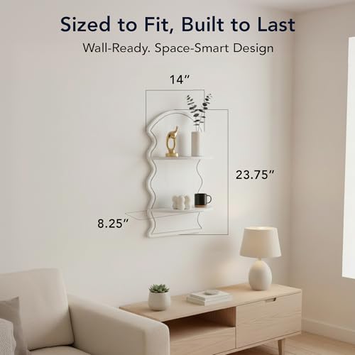 Image of American Art Decor White Wavy Arched Lunar Ledges Wall Shelf, Wooden 2-Tier Floating Bookshelf for Wall, Carved Fluted Arch Display Shelf for Bedroom Bathroom Kitchen Living Room Decor, 14 inch x 24 inch