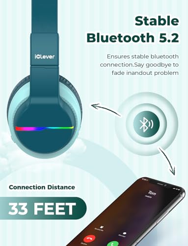 iClever Bluetooth Kinder Kopfhörer, Farbige LED-Leuchten, Kinderkopfhörer Over-Ear mit 74/85dBA Lautstärkebegrenzung, 85 Stunden Spielzeit, Bluetooth 5.2, eingebautes Mikrofon BTH12