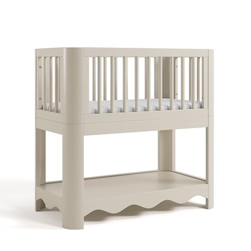 Image of Storkcraft Casablanca 3-in-1 Convertible Bassinet, Frosted Oat | GREENGUARD Gold Certified Wood Baby Bassinet, Includes Water-Resistant Mattress, Converts to Toy Box and Bookcase, Newborn