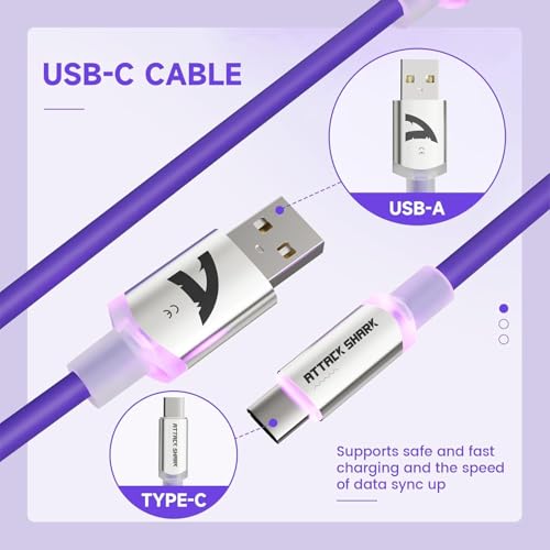 Image of ATTACK SHARK C01 ULTRA Coiled USB C Cable Double Sleeved with RGB Light Plug,Detachable Metal Aviator,USB-C to USB-A Mechanical Gaming Keyboard Cable for Win Mac PS4 Xbox Switch Printer Tablet(Purple)