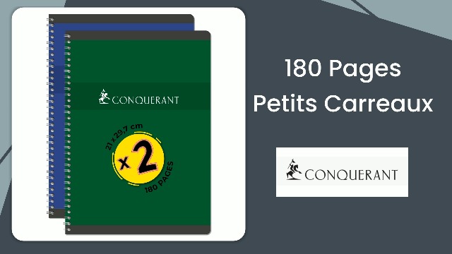 2 Cahiers Conquérant A4 - 180 Pages, Petits Carreaux 5mm, Reliure Spirale, Fabriqué En France
