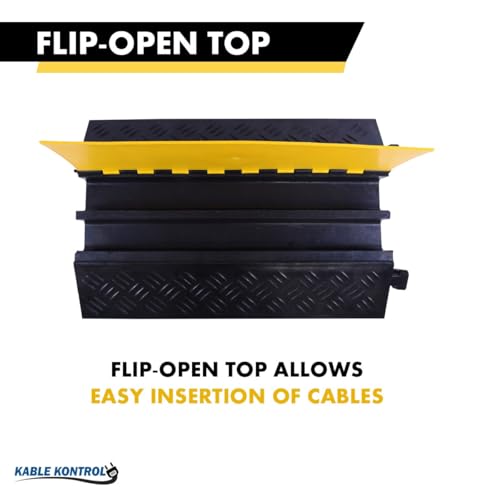Image of Kable Kontrol Atlas Heavy Duty Cable Protector Ramp - 2 Channel - 1 Pc - 35 inch Long Black & Yellow - 32000 Lbs Capacity - Rubber Speed Bump Wire Protector Cord Cover - CP9985