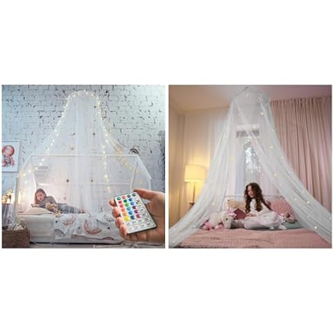 Bollepo The Ultimate Canopies Bundle - White LED & White Canopies for Girls Bed. Fits Single, Twin, Full, Queen Bed Sizes Cover