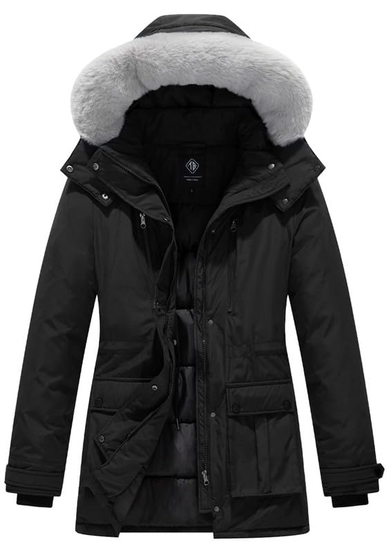 KVE Womens Plus Size Quilted Winter Coat Warm Puffer Jacket Thicken Parka with Removable Hood Black 1X