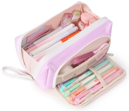 Sooez Big Capacity Pencil Case, Extra Large Pencil Pouch with Zipper Pocket, Wide Opening Pencil Bag, Portable Stationery Organizer, Cute Aesthetic School Office Supplies for Teens Girls Adults, Pink