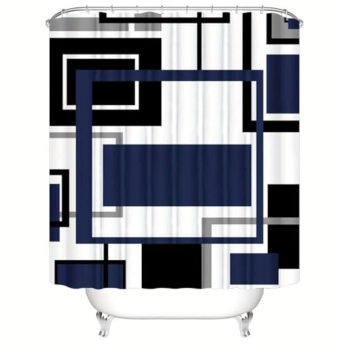 Ensemble de rideaux de bain bleu marine géométriques imperméables 80x180cm pour douche - 2
