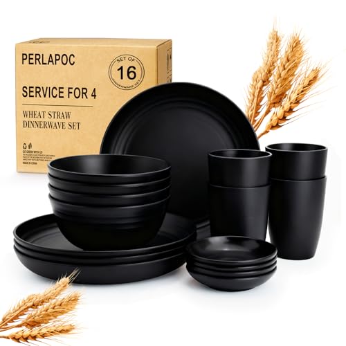 Image of Wheat Straw Dinnerware Sets 16 PCS, Unbreakable Kids Plates and Bowls for 4-9 IN Plates, 26 OZ Cereal Bowls, 2 OZ Dipping Bowl, 12 OZ Cups, Dishwasher & Microwave Safe Plate Set - Black