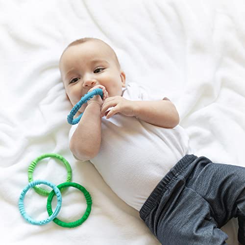 Image of Bumkins Baby Teething Freezer Toy Keys Rings, Soft Flexible Pacifier to Chew, Cool Teether Gum Relief, Babies 3 Months, Freezable, Platinum Cured Silicone, Sensory Bracelet, 4-pk Blue and Green