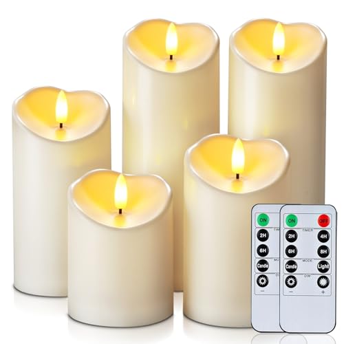 Homemory Outdoor Waterproof Flameless Candles, LED Candles, Battery Operated Candles with Remote and Timers, Electric Fake Plastic Pillar Candles, Ivory White, D3 H4 5" 6" 8" 8", Set of 5