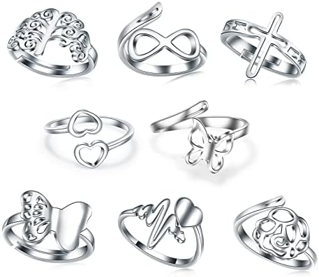 8 Pack Stainless Rings Set for Women Silver Aesthetic Jewelry Rings Adjustable Stackable Rings for Teen Girls Trendy Knuckle Thumb Finger Rings Size 8 9 7 10 Indie rings with Infinity Butterfly Cross Heart-beat Heart Tree Flower Ring Set