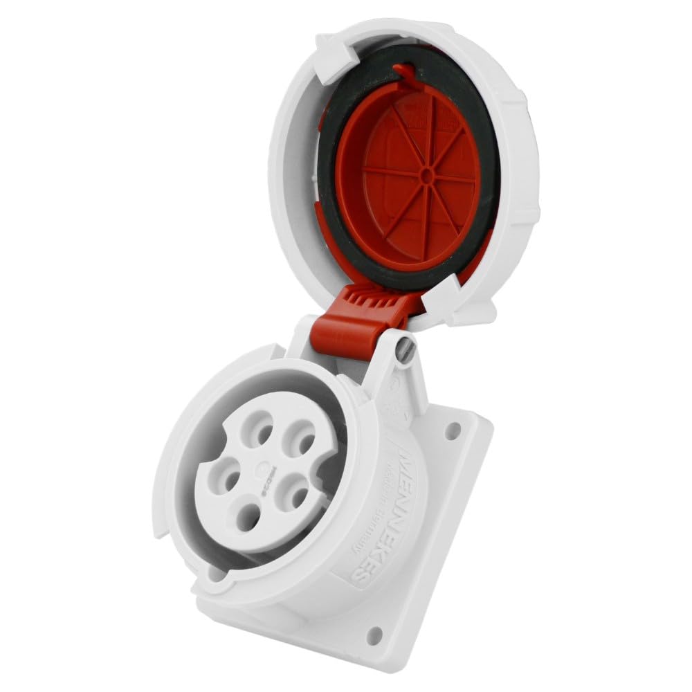 MENNEKES Enchufe recto montado en panel 228A, protección IP 67, 6 horas de posición a tierra, 5 polos, corriente de 16 A, 400 V, rojo