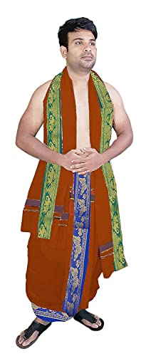 Image of TUNI MANI Men's Panchakacham Dhoti with Angavasthram Towel, Jari Border, 100% Cotton, Size: 9 X 5 (4.0mtr Dhoti, 2.25mtr Towel) (Unstitched)