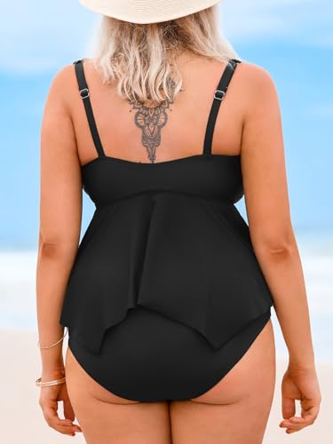 CUPSHE Women's Plus Size Tankini Sets V Neck High Waisted Adjustable Straps Asymmetric Flowy Hem2