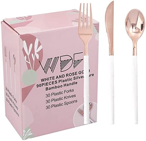 WDF 90 cubiertos de plástico de oro rosa, 60 platos de plástico de oro rosa