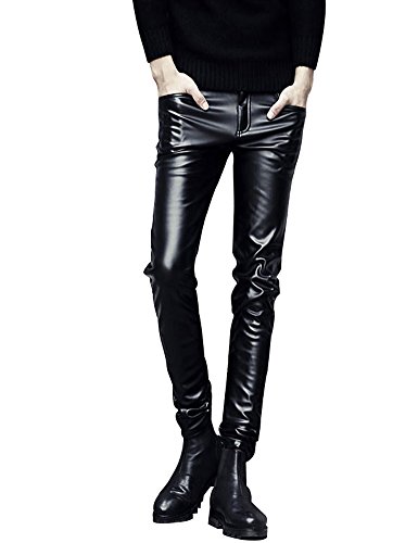 Men`s Stretchy 5 Pockets Biker Faux Leather Jeans Skinny Pants