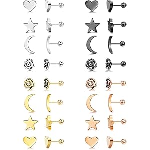 CASSIECA 16 paar roestvrijstalen oorstekers, maan, sterren en hartjes, bloem, voor vrouwen en meisjes, oorringen…
