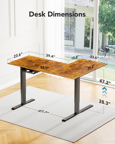 Image of HUANUO Dual Motor 63x40 inch L Shaped Electric Standing Desk with 3 Preset Heights, Electric Height Adjustable Computer Table, 2 Hooks & Cable Tray, Raising Desk for Home Office, Vintage Brown