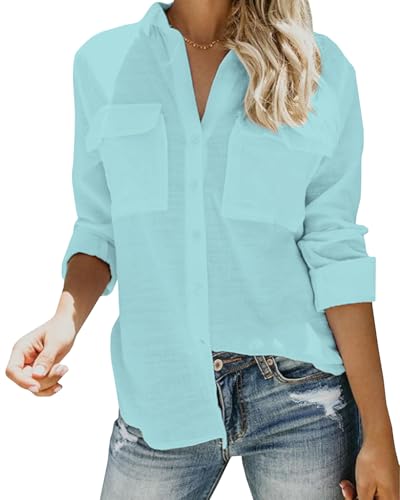 Friptspyg Blusen & Tuniken für Damen Langarm Hemden Damen V-Ausschnitt 100% Baumwolle Shirt Oberteile Tops mit Zwei Taschen,Seeblau M