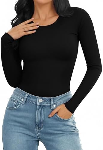 MANGOPOP Round Neck Long Sleeve Short Sleeve Bodysuits for Women Basic Body Suit Shirts Tops