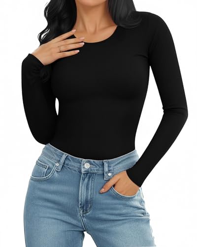 MANGOPOP Round Neck Short Sleeve Long Sleeve Bodysuits for Women Basic Body Suit Shirts Tops