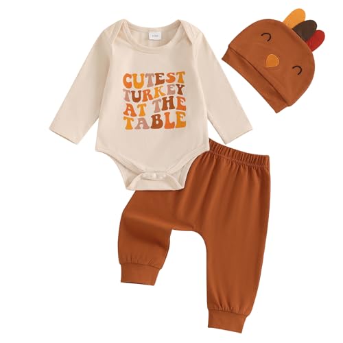 Image of Lamuusaa Newborn Baby Boy Thanksgiving Outfit Long Sleeve My 1st Thanksgiving Romper Long Pants Hat 3Pcs Clothes Set 0-18M