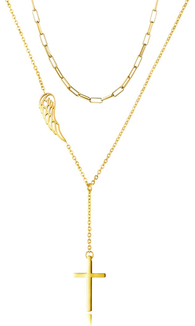 WDHOW Layered Paperclip Choker Angel Wing Cross Pendant Y Necklaces Gifts for Women Girls