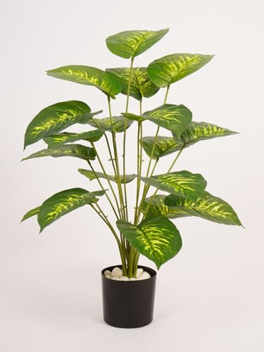 Image of ARICK DECOR 2.1Ft Artificial Dieffenbachia Plant with 18 Leaves, 65cm Tall Faux Variegated Tropical Dumb Cane in Black Pot, Realistic Large Silk Leaf Potted Tree for Home, Office & Interior Styling