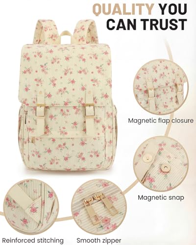 Image of Corduroy Laptop Backpack for Women, Fits 15.6 Inch Computer Bag, College High School Bookbag Travel Daypack Purse, Work Business Bags - Beige Corduroy Floral Pink