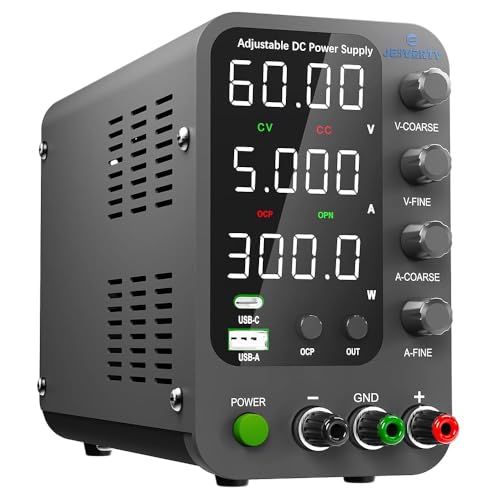 Fuente de alimentación CC Variable, 0 60V 0 5A Fuente de alimentación de Banco regulada CC con Carga rápida USB y Tipo C, Perilla codificadora,Interruptor de Encendido/Apagado de Salida Jesverty