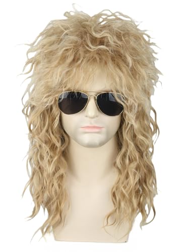 Topcosplay Men or Women 80s Mullet Wig Ash Blonde Rock Disco Wigs Long Curly