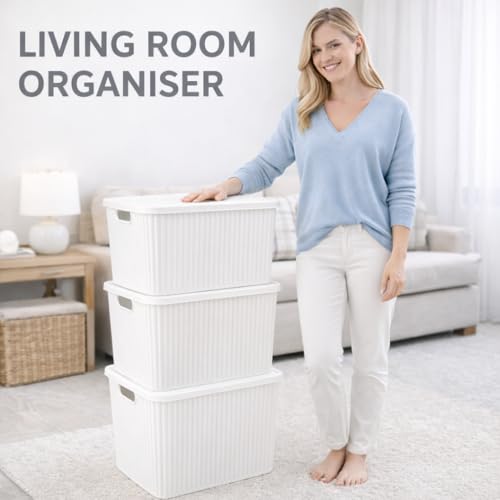 Image of Plastic Storage Box with Lid - Large Stackable Organizer Storage Box for Clothes, Toys, Kitchen - Big Size Plastic Storage Container Basket for Home, Office, Bathroom(Large,Pack of 2,White)