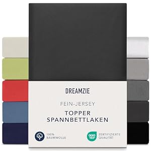 Dreamzie Premium Topper Spannbettlaken 90x200 cm - 100x200 cm - extra niedriger Seitenhöhe - für Topper - Topperauflage - Spannbetttuch Jersey Baumwolle, 150 g/m² - Oeko-TEX - Dunkelgrau